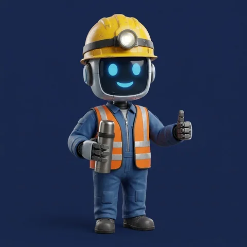 Volt, the robot foreman with a hard hat, headlamp and clipboard